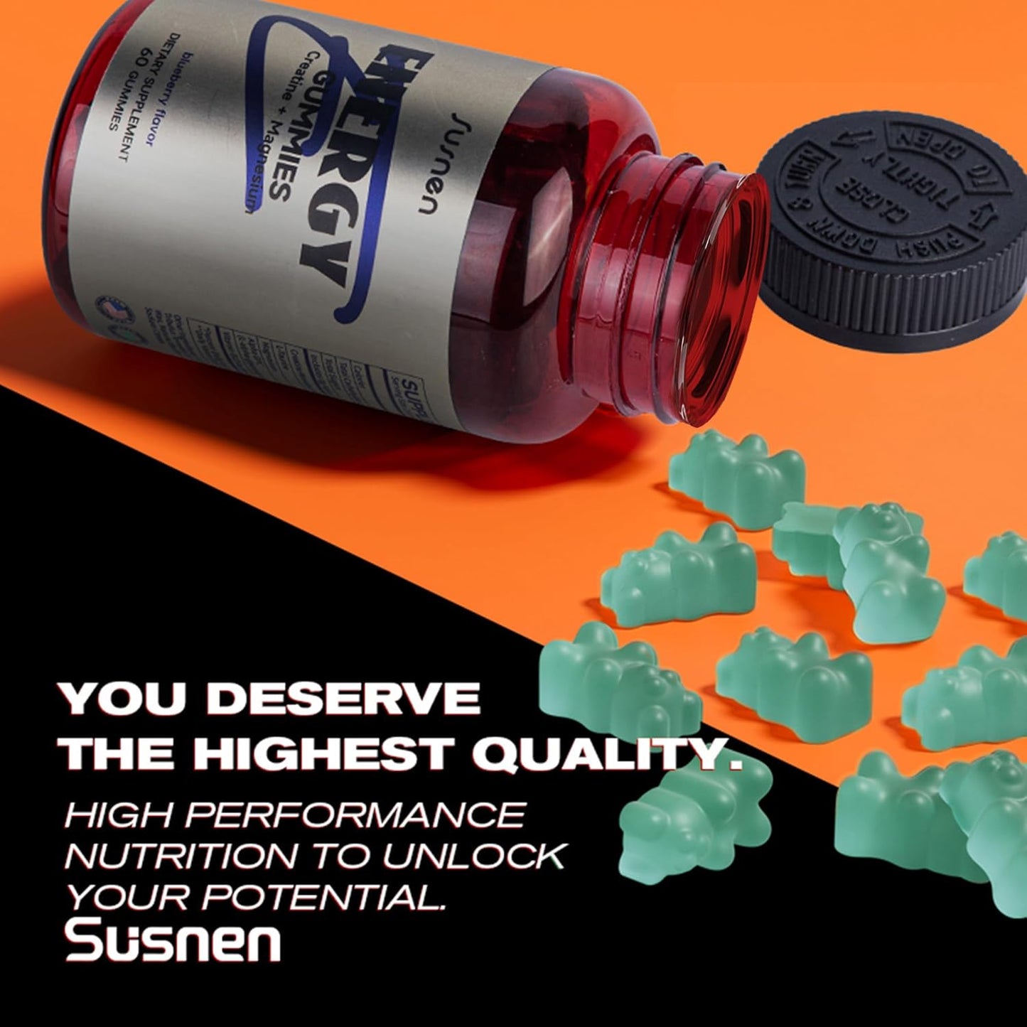 Energy Boosting Vegan Blueberry Gummies with 5g Creatine Monohydrate - Muscle Builder Pre-Workout Supplement with L-Taurine and Vitamin B12, 60 Gummies Sugar-Free Formula