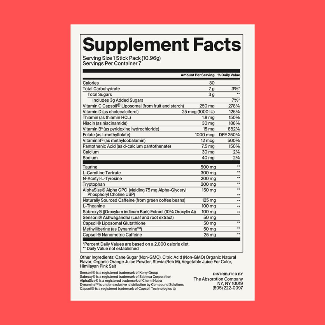 Energy Drink Powder Mix Packets with 150mg Natural Caffeine and Liposomal Immune Support - Fruit Punch Flavor 28 Sticks for Clean Energy Boosting and Fighting Fatigue