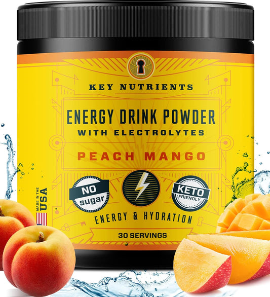 Energy Drink Powder with Electrolytes - Sugar-Free Endurance & Energy Supplement - Natural Caffeine, Taurine, Zinc - Tropical Peach Mango Flavor