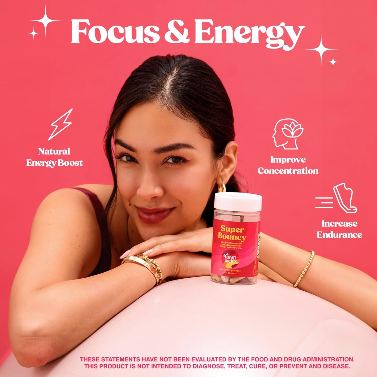 Energy & Focus Mushroom Supplement with Cordyceps, Beta-Glucan, Green Tea Extract, and Ginseng - Immune Support & Memory Boost - 60 Capsules