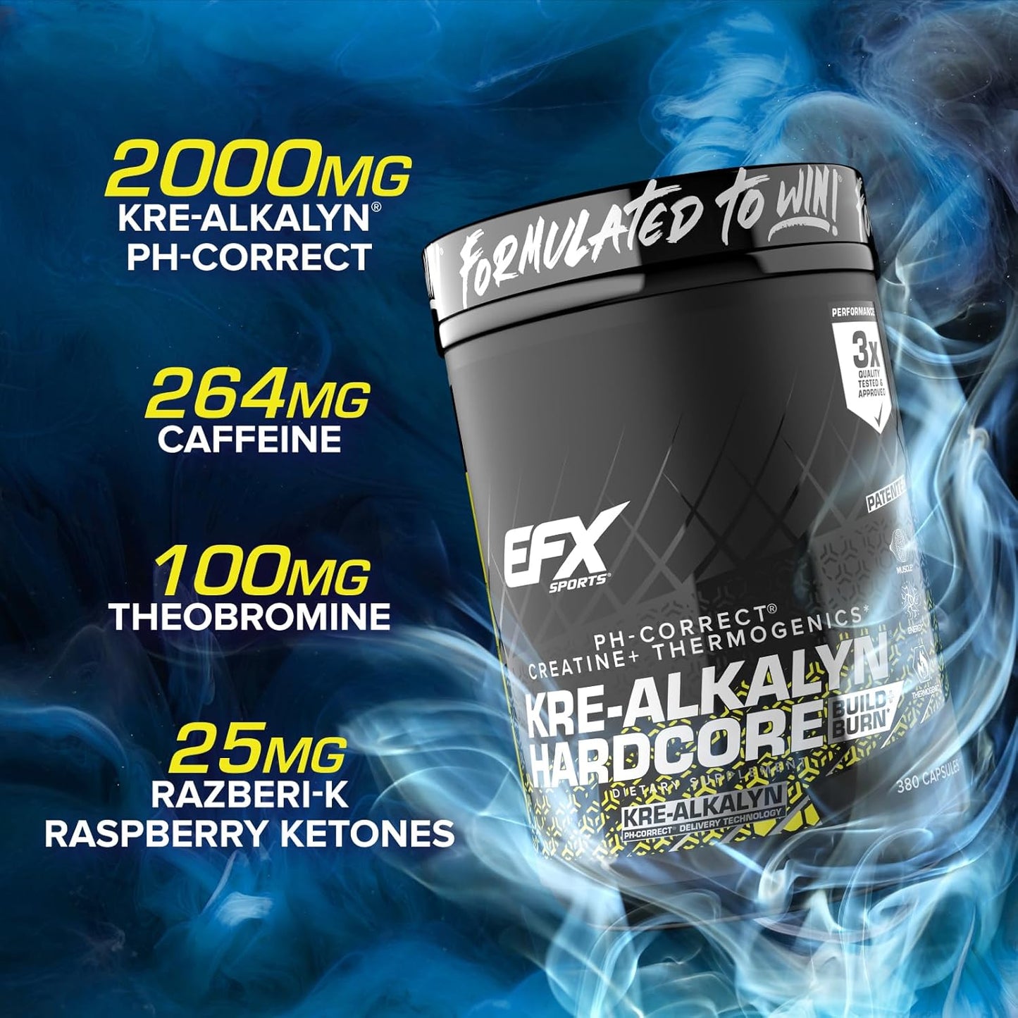 Energy & Strength Pre Workout Pills | EFX Sports Kre-Alkalyn Hardcore Creatine Monohydrate Supplement | Thermogenic pH Correct Formula | 380 Capsules, 126 Servings