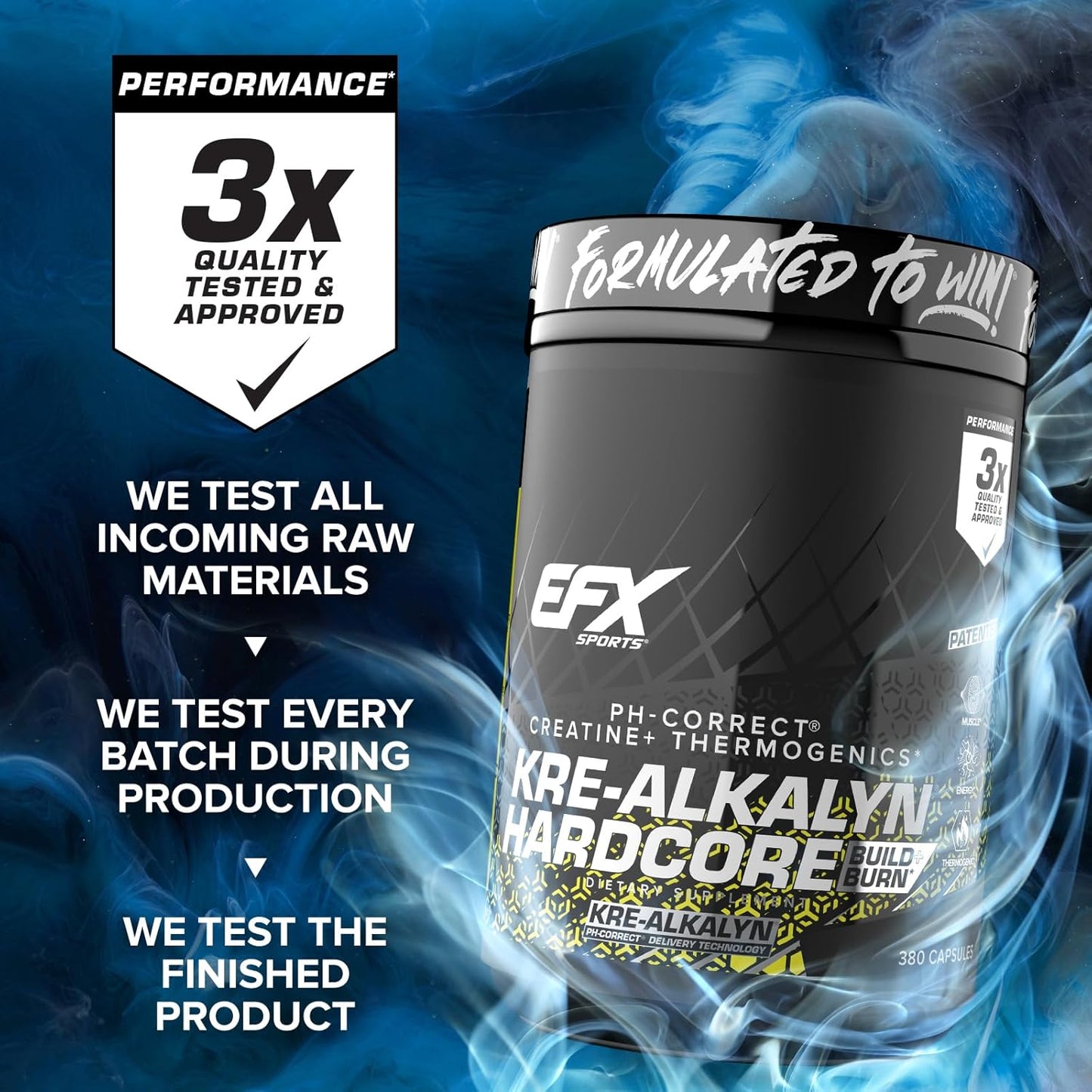 Energy & Strength Pre Workout Pills | EFX Sports Kre-Alkalyn Hardcore Creatine Monohydrate Supplement | Thermogenic pH Correct Formula | 380 Capsules, 126 Servings