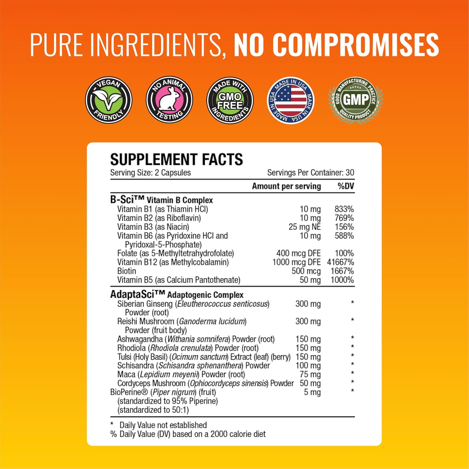 Energysyl Caffeine-Free Supplement with Adaptogens, B Vitamins, Bioperine - 1 Month Supply - 60 Capsules - USA Made