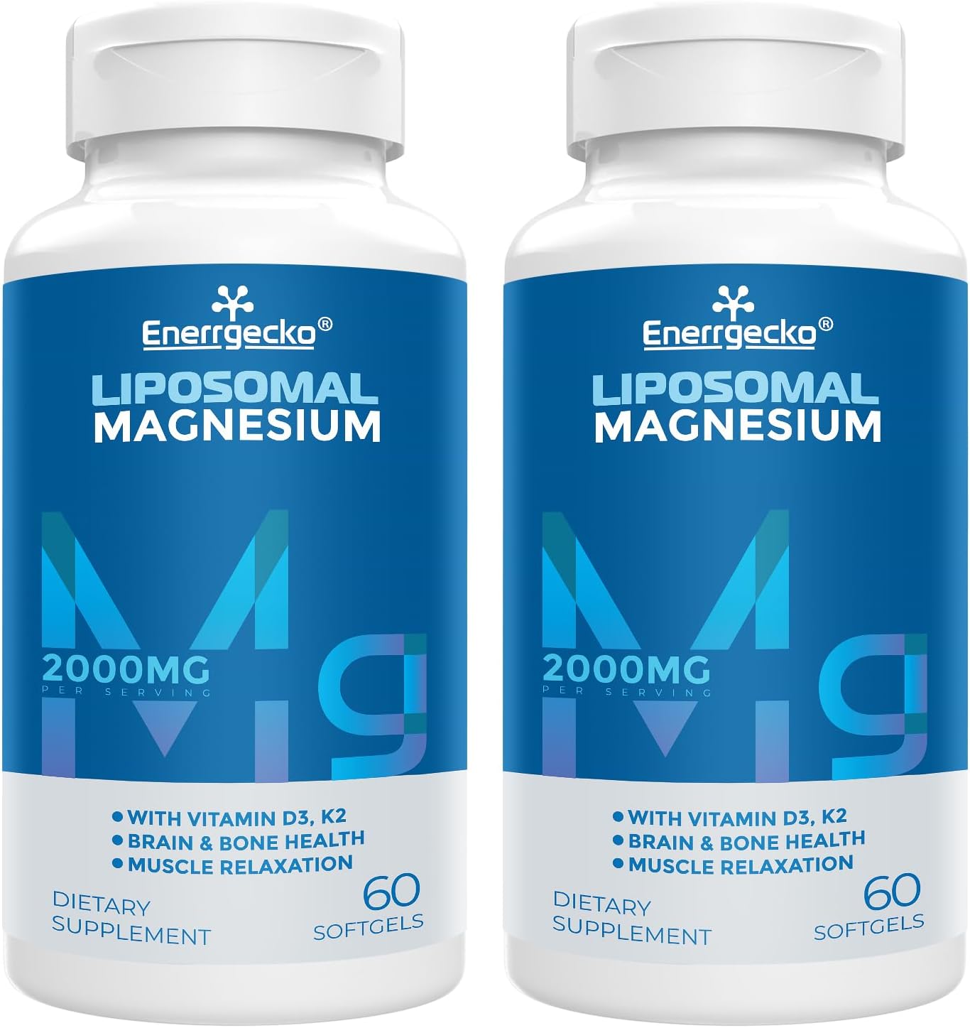Enerrgecko Liposomal Magnesium L-Threonate Softgels 2000mg with Vitamin D3 & K2 - Brain, Bone Health, and Muscle Relaxation - Non-GMO, Gluten-Free - 120 Softgels (2 Pack)