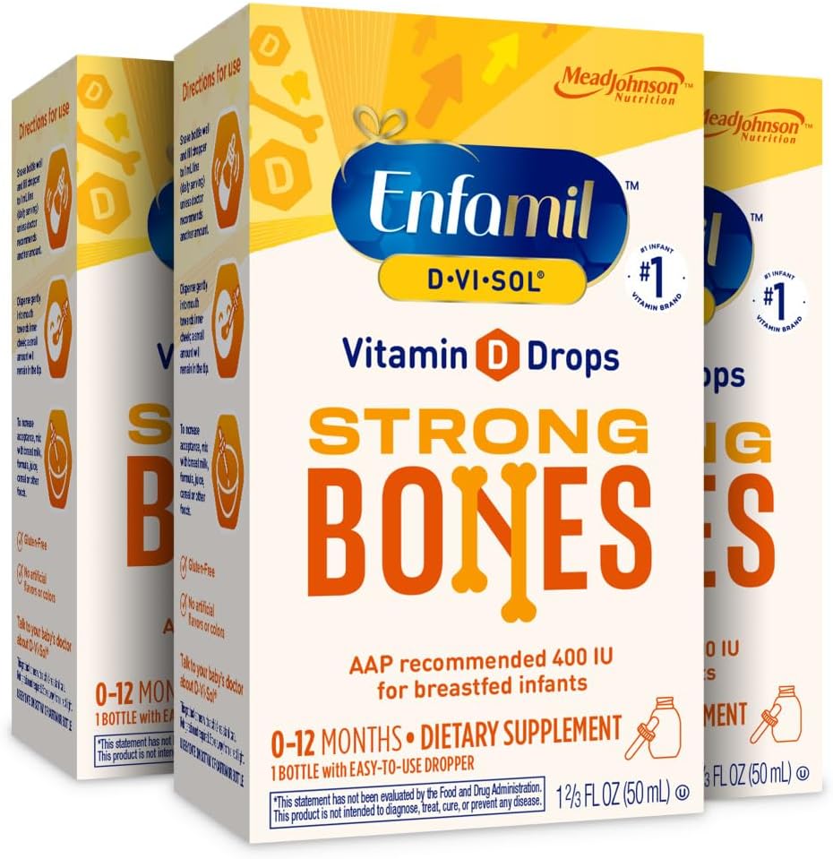 Enfamil D-Vi-Sol Liquid Vitamin D Supplement Drops for Infants, Promoting Healthy Teeth & Bones, Gluten Free, 50 mL Dropper Bottle, Pack of 3