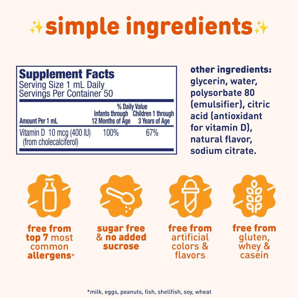 Enfamil D-Vi-Sol Liquid Vitamin D Supplement Drops for Infants, Promoting Healthy Teeth & Bones, Gluten Free, 50 mL Dropper Bottle, Pack of 3
