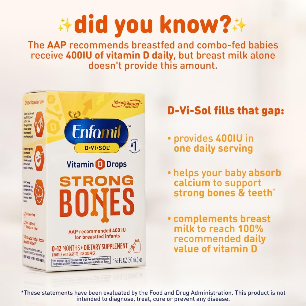 Enfamil D-Vi-Sol Liquid Vitamin D Supplement Drops for Infants, Promoting Healthy Teeth & Bones, Gluten Free, 50 mL Dropper Bottle, Pack of 3