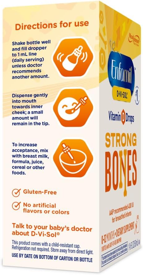 Enfamil D-Vi-Sol Liquid Vitamin D Supplement Drops for Infants, Promoting Healthy Teeth & Bones, Gluten Free, 50 mL Dropper Bottle, Pack of 3