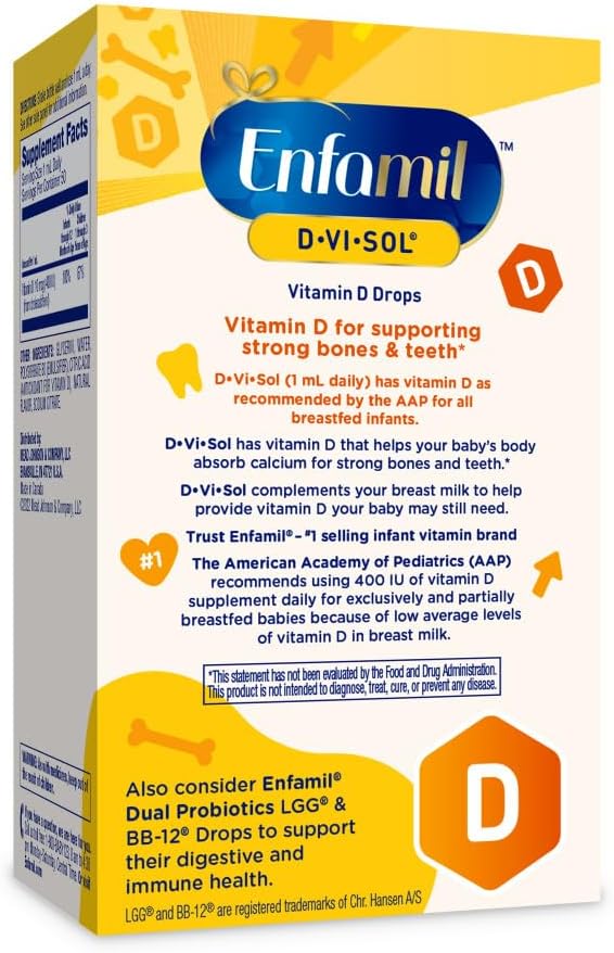 Enfamil D-Vi-Sol Liquid Vitamin D Supplement Drops for Infants, Promoting Healthy Teeth & Bones, Gluten Free, 50 mL Dropper Bottle, Pack of 3