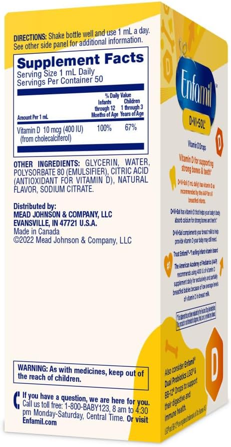 Enfamil D-Vi-Sol Liquid Vitamin D Supplement Drops for Infants, Promoting Healthy Teeth & Bones, Gluten Free, 50 mL Dropper Bottle, Pack of 3