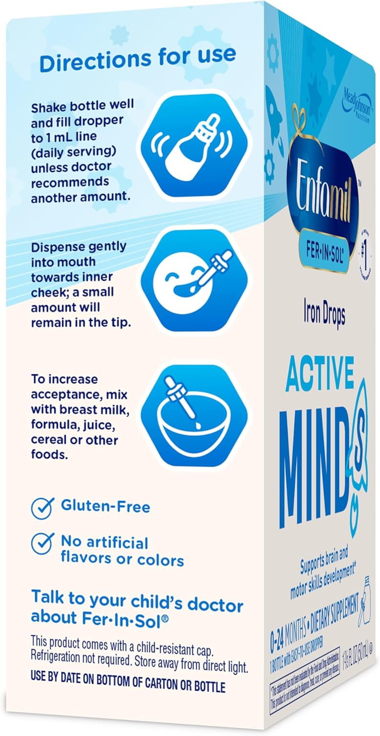 Enfamil Fer-in-Sol Iron Supplement Drops - Brain Development Support for Infants & Toddlers - 50 mL Dropper Bottle (2 Pack)
