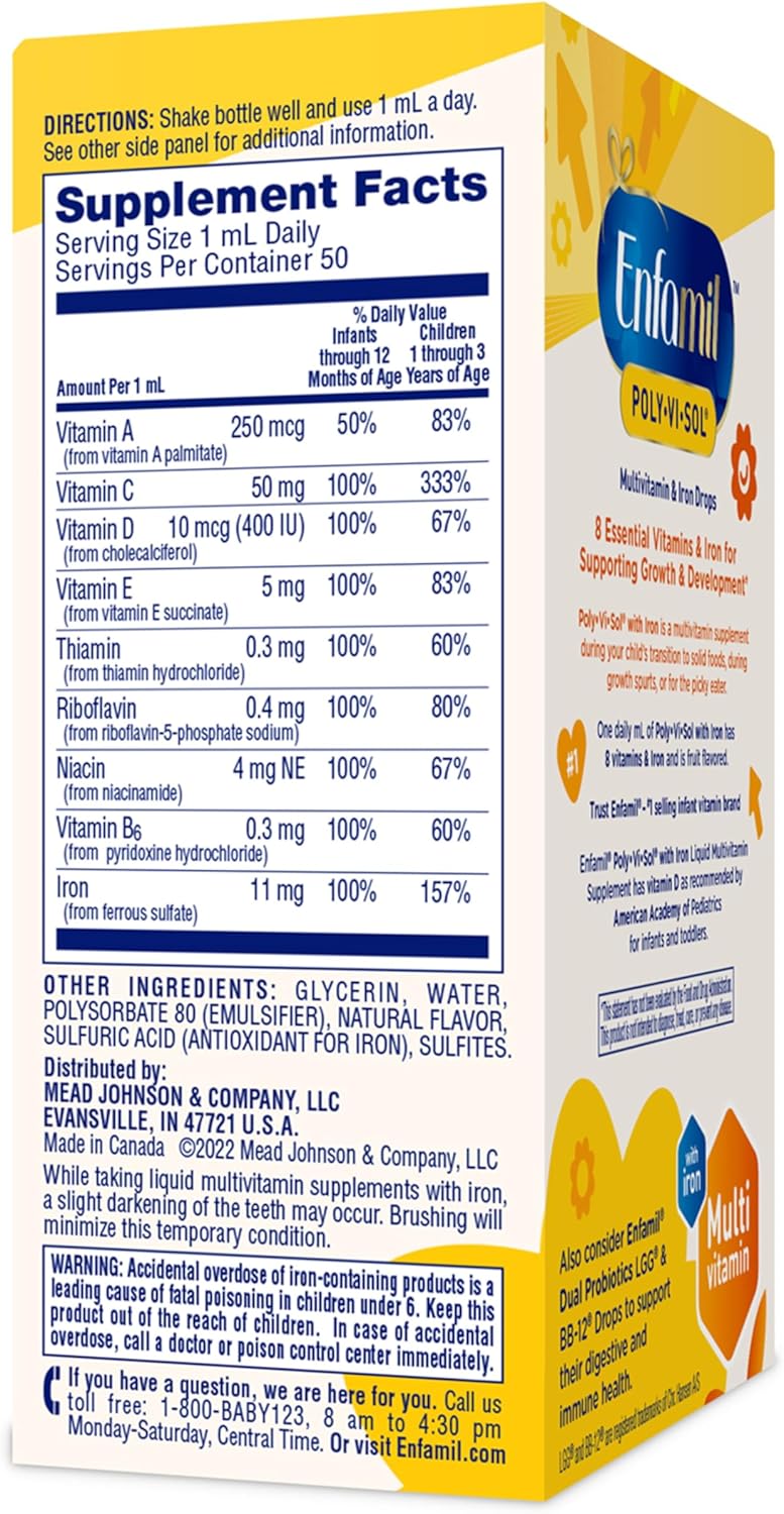 Enfamil Poly-Vi-Sol Liquid Multivitamin Drops with Iron - Supports Growth & Development - 50mL Bottle