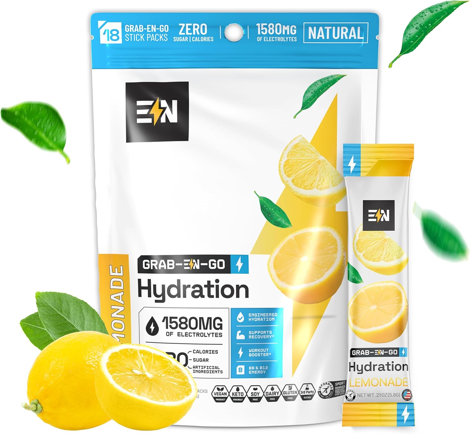 Engineered Nutrition EN Lemonade Electrolyte Powder Packets - Keto Hydration, Zero Cal, Vegan, Non-GMO, Organic, Gluten-Free - 18 CT
