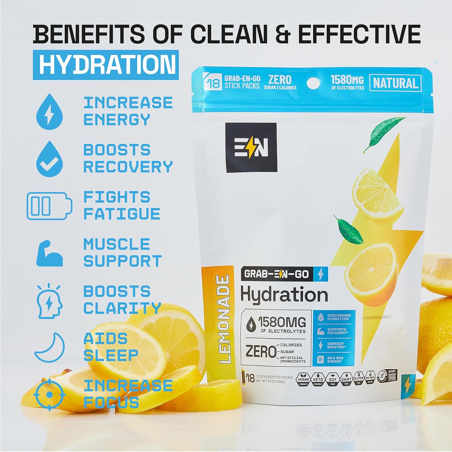 Engineered Nutrition EN Lemonade Electrolyte Powder Packets - Keto Hydration, Zero Cal, Vegan, Non-GMO, Organic, Gluten-Free - 18 CT