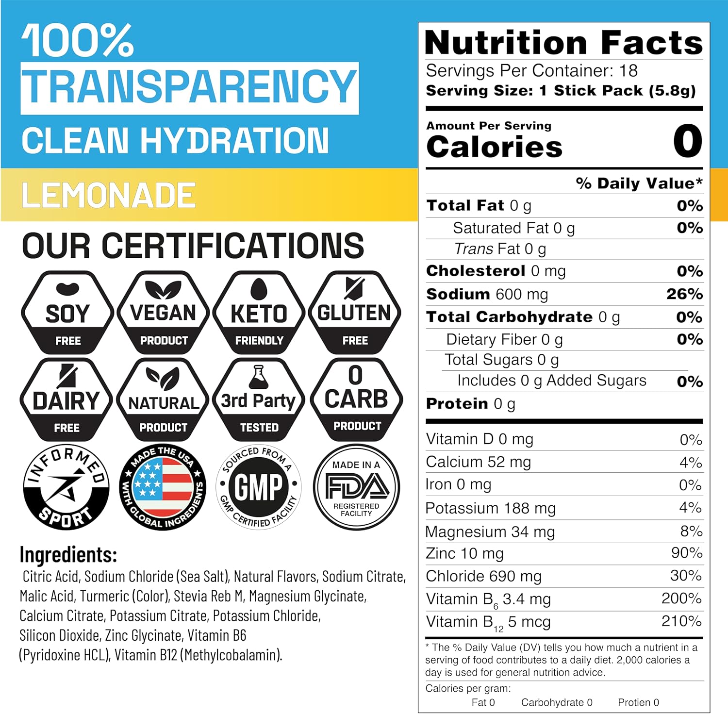 Engineered Nutrition EN Lemonade Electrolyte Powder Packets - Keto Hydration, Zero Cal, Vegan, Non-GMO, Organic, Gluten-Free - 18 CT