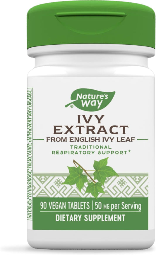 English Ivy Leaf Extract Tablets - Natural Respiratory Support Supplement (90 Count, 50mg Per Serving)