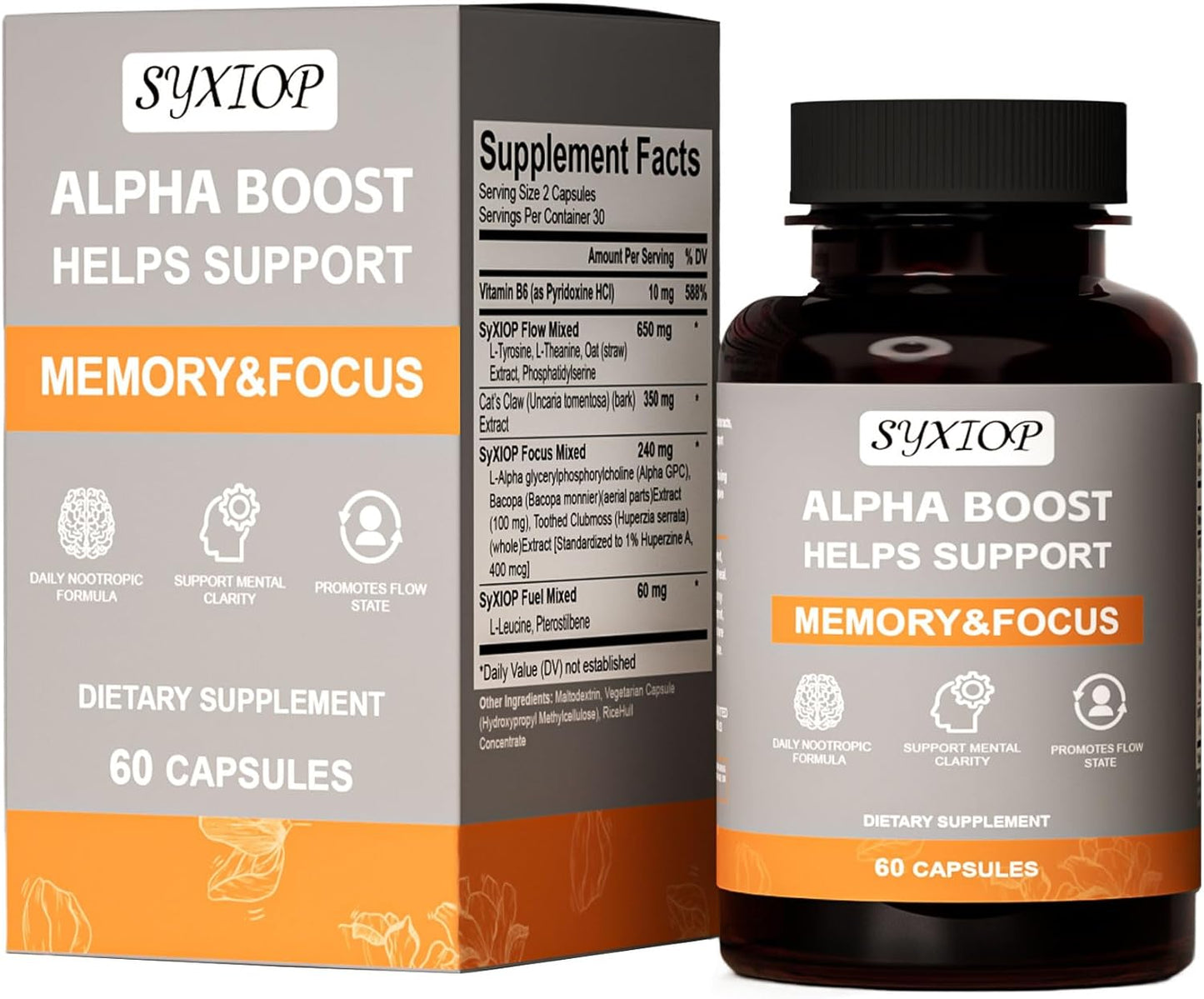 Enhance Focus and Memory with SyXIOP Alpha Boost Capsules - Vitamin B6, L-Tyrosine, L-Theanine, and More