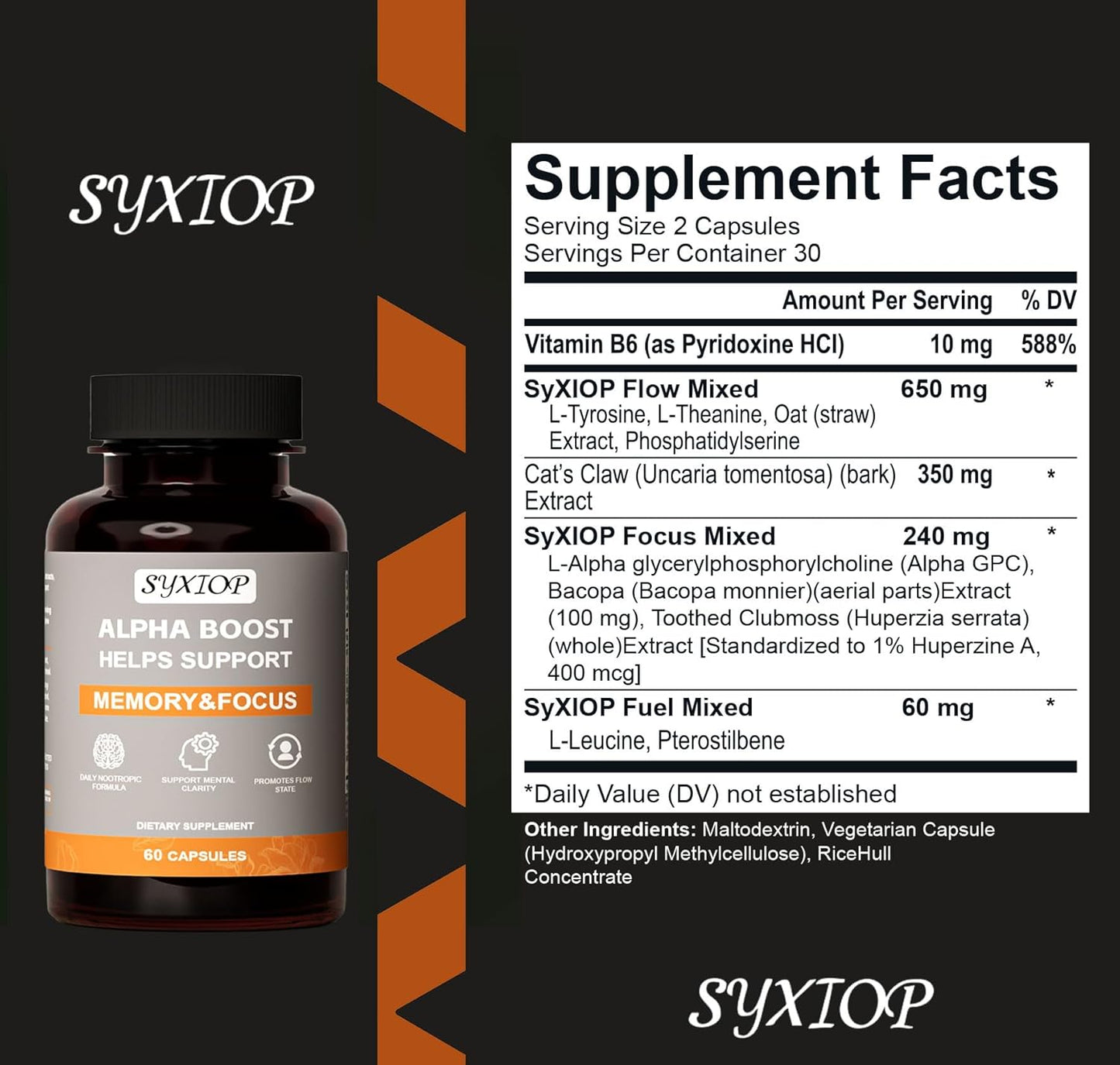Enhance Focus and Memory with SyXIOP Alpha Boost Capsules - Vitamin B6, L-Tyrosine, L-Theanine, and More