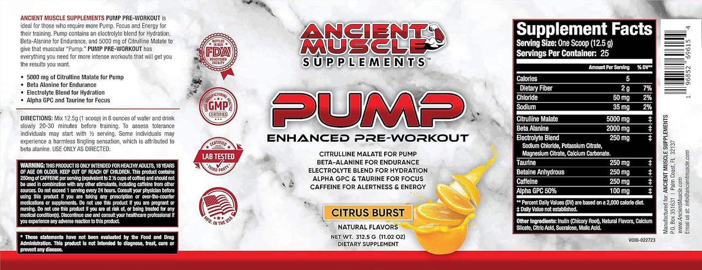 Enhanced Ancient Muscle Pump Pre Workout Supplement with Citrulline Malate, Beta Alanine, and Alpha GPC for Improved Energy and Focus - Citrus Burst Flavor