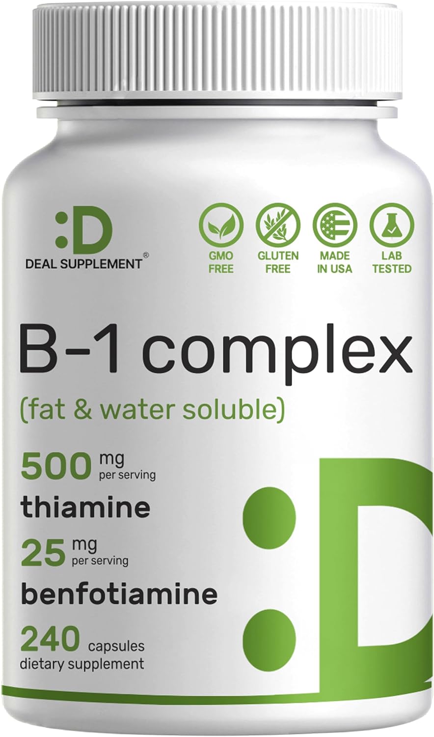 Enhanced Formula Vitamin B1 500mg with Benfotiamine - 240 Capsules - Fat & Water Soluble Thiamine Supplement - Non-GMO, Gluten-Free - Third Party Tested