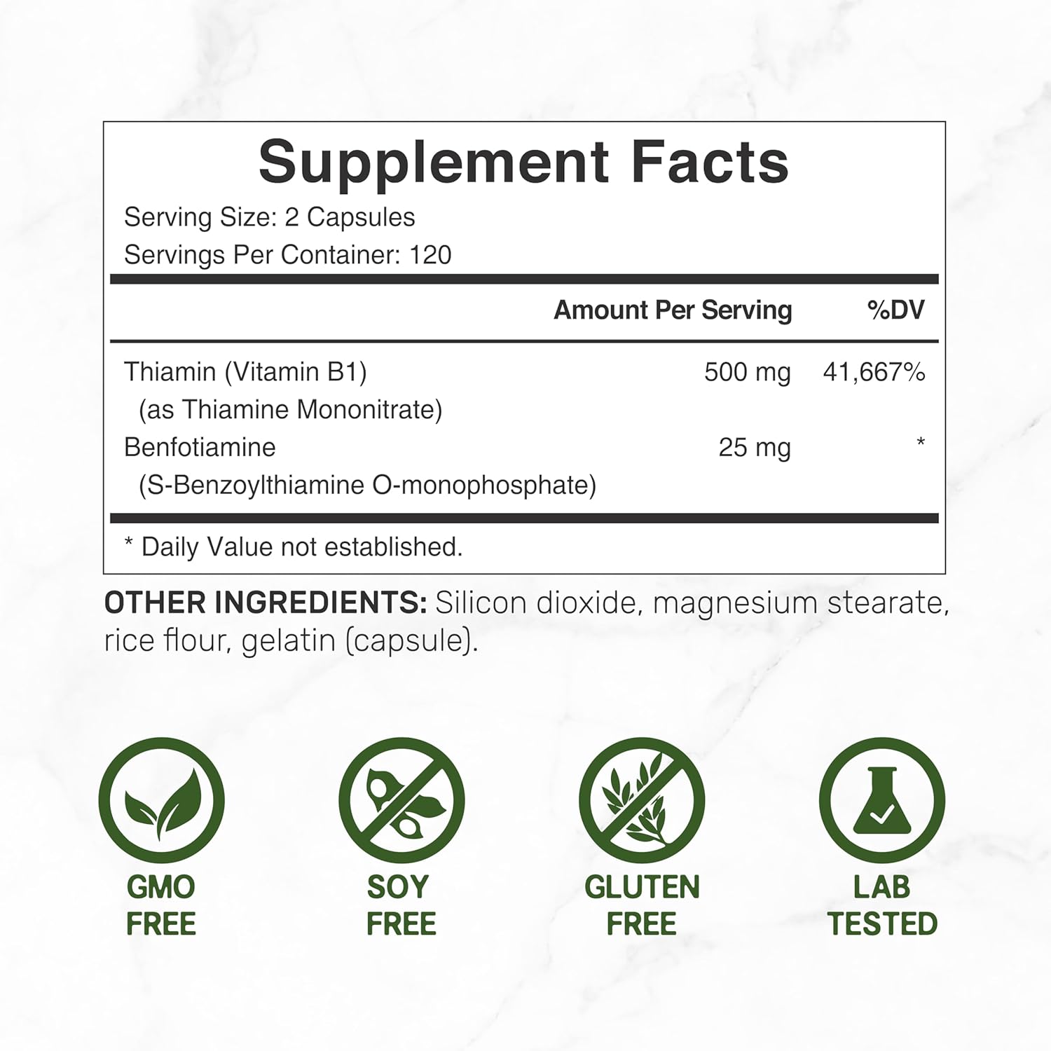 Enhanced Formula Vitamin B1 500mg with Benfotiamine - 240 Capsules - Fat & Water Soluble Thiamine Supplement - Non-GMO, Gluten-Free - Third Party Tested