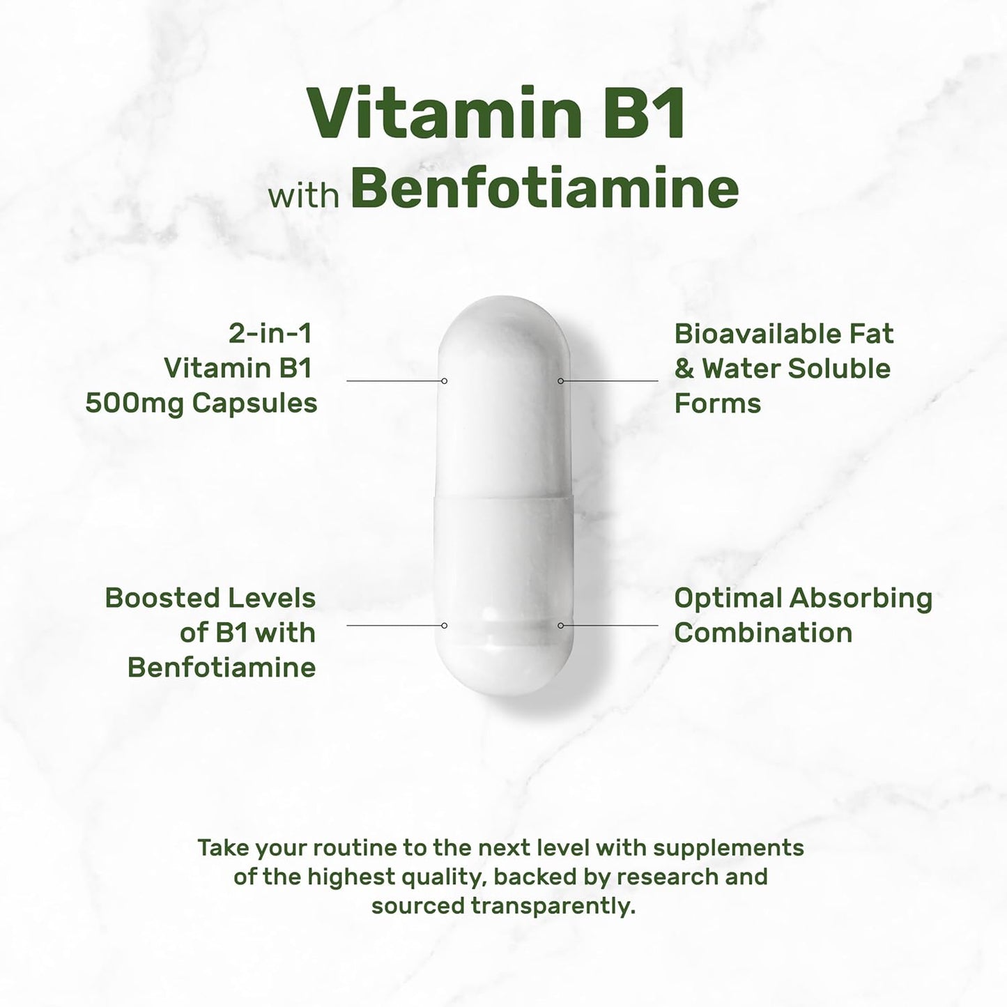 Enhanced Formula Vitamin B1 500mg with Benfotiamine - 240 Capsules - Fat & Water Soluble Thiamine Supplement - Non-GMO, Gluten-Free - Third Party Tested