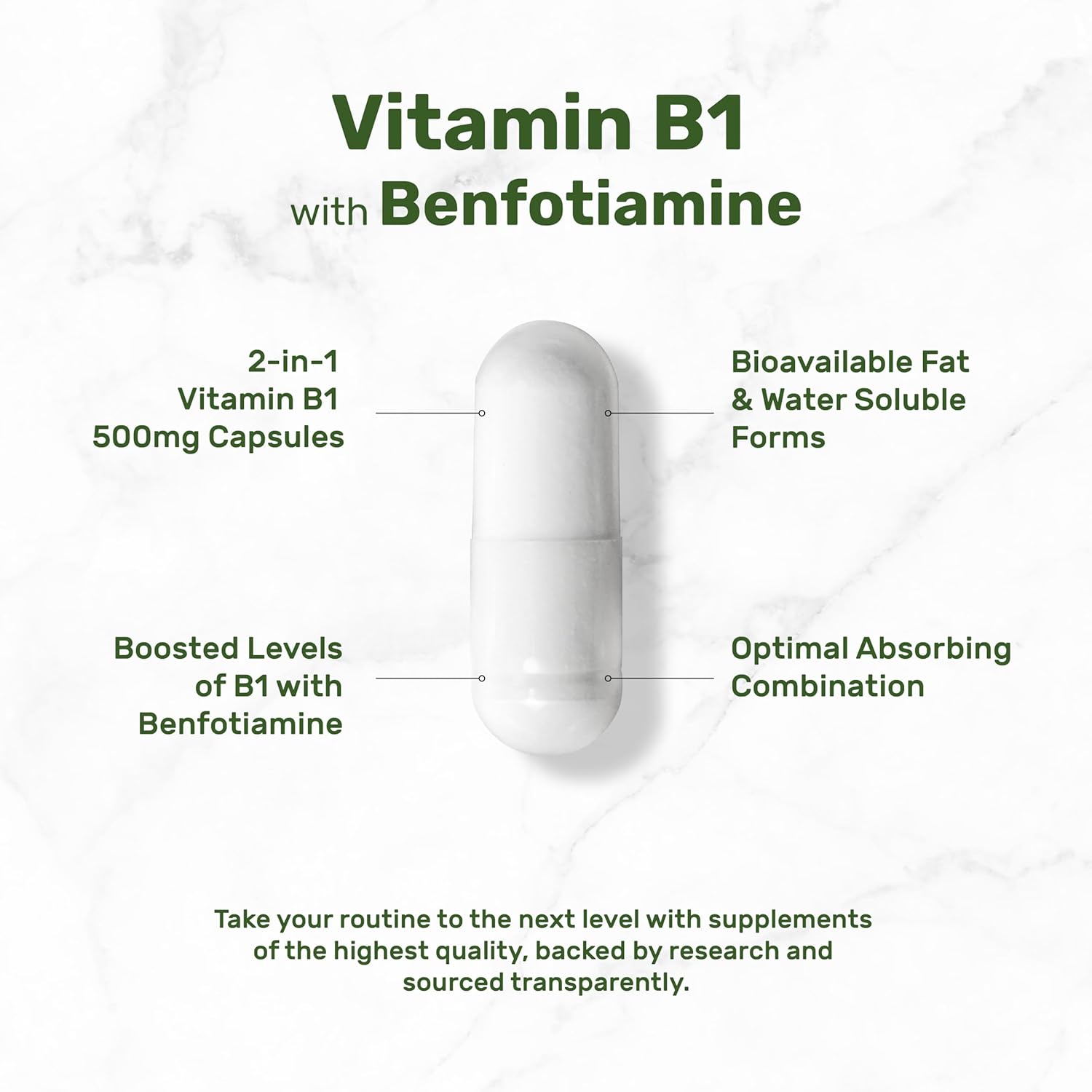 Enhanced Formula Vitamin B1 500mg with Benfotiamine - 240 Capsules - Fat & Water Soluble Thiamine Supplement - Non-GMO, Gluten-Free - Third Party Tested