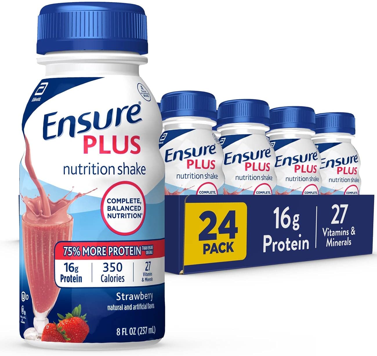 Ensure Plus Nutrition Shake - Milk Chocolate, 16g Protein, Meal Replacement, Gluten Free, 8 Fl Oz, Pack of 24 with Fiber