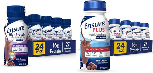 Ensure Plus Nutrition Shake with Fiber, 16g Protein, Milk Chocolate, Meal Replacement Liquid, Gluten-Free - 8 Fl Oz (Pack of 24)