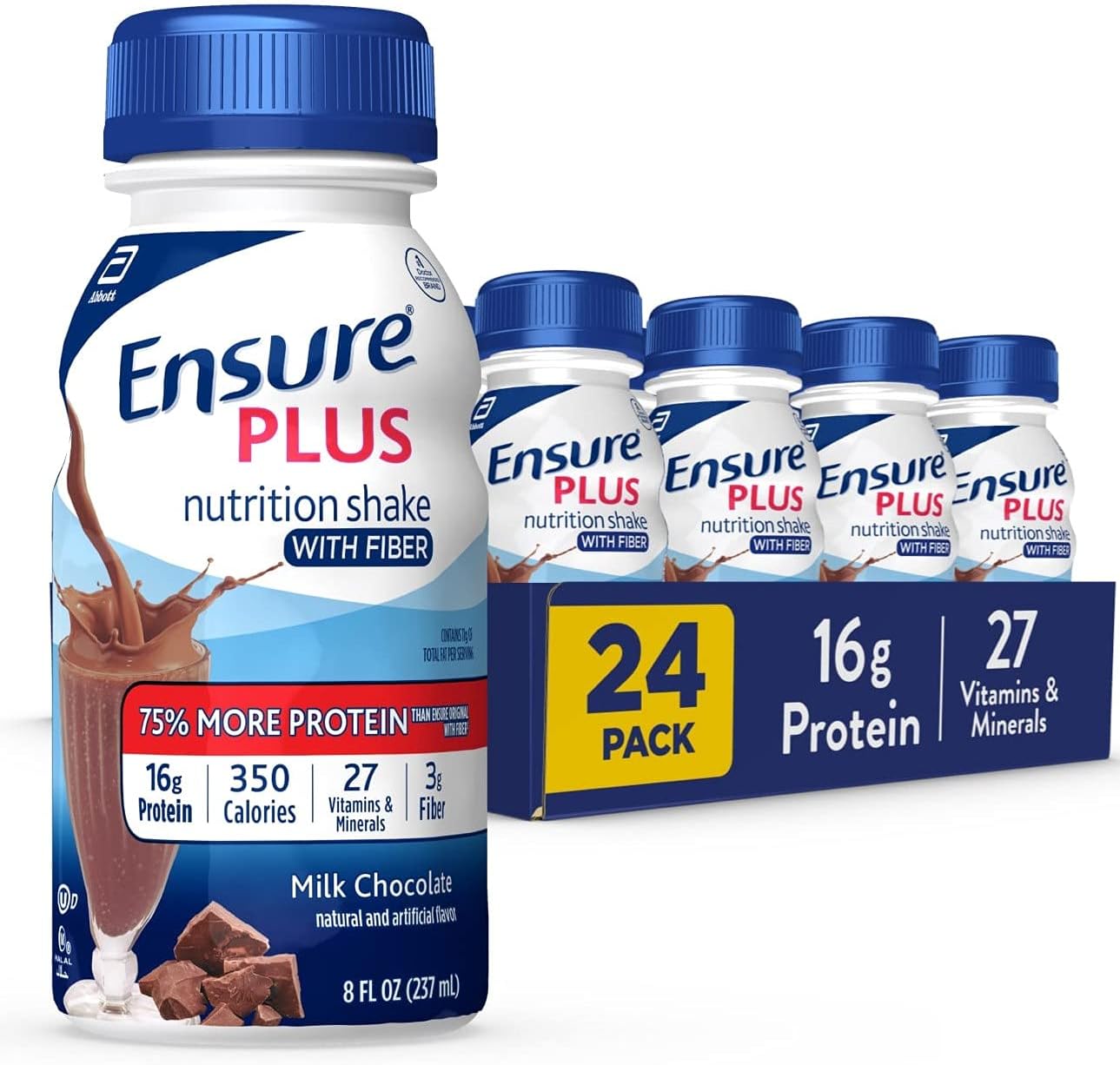 Ensure Plus Nutrition Shake with Fiber, 16g Protein, Milk Chocolate, Meal Replacement Liquid, Gluten-Free - 8 Fl Oz (Pack of 24)