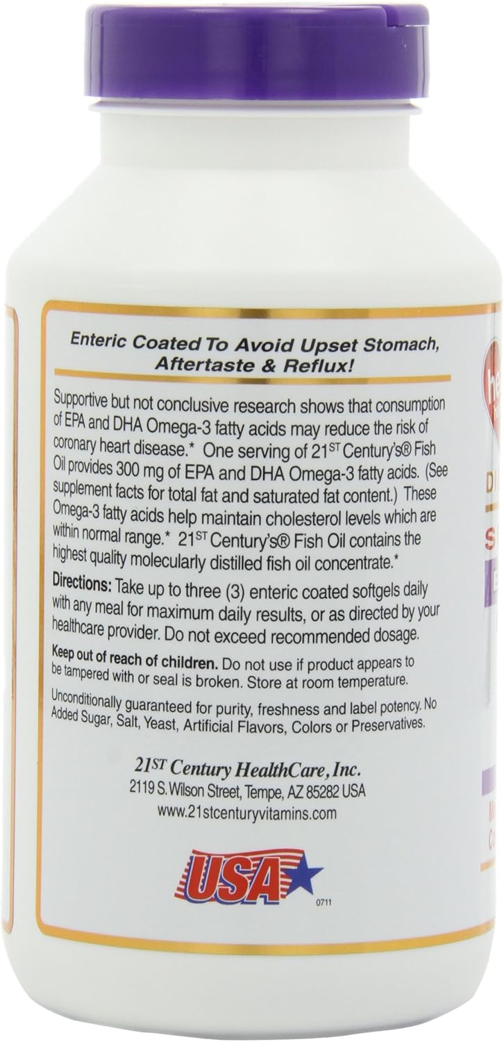 Enteric Coated Fish Oil Softgels 1000mg, 180-Count x 2 - 21st Century Formula