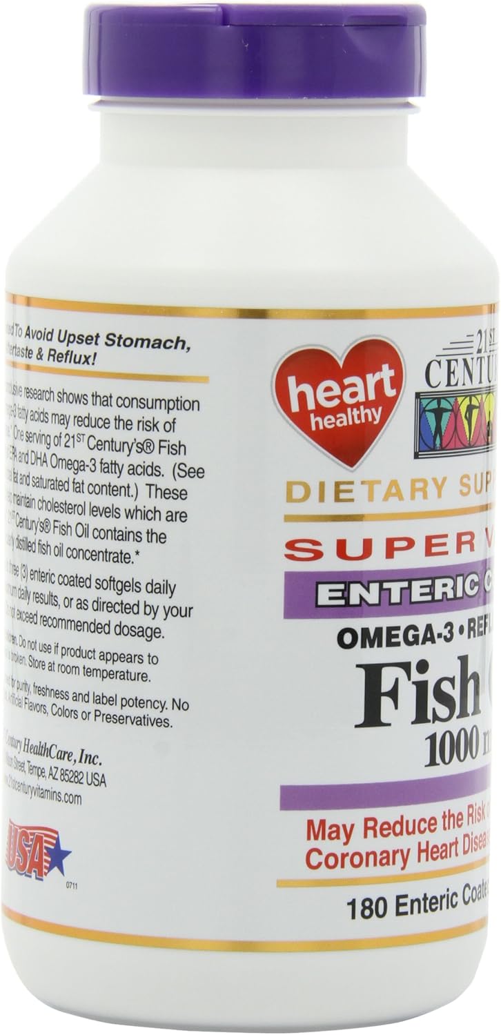 Enteric Coated Fish Oil Softgels 1000mg, 180-Count x 2 - 21st Century Formula