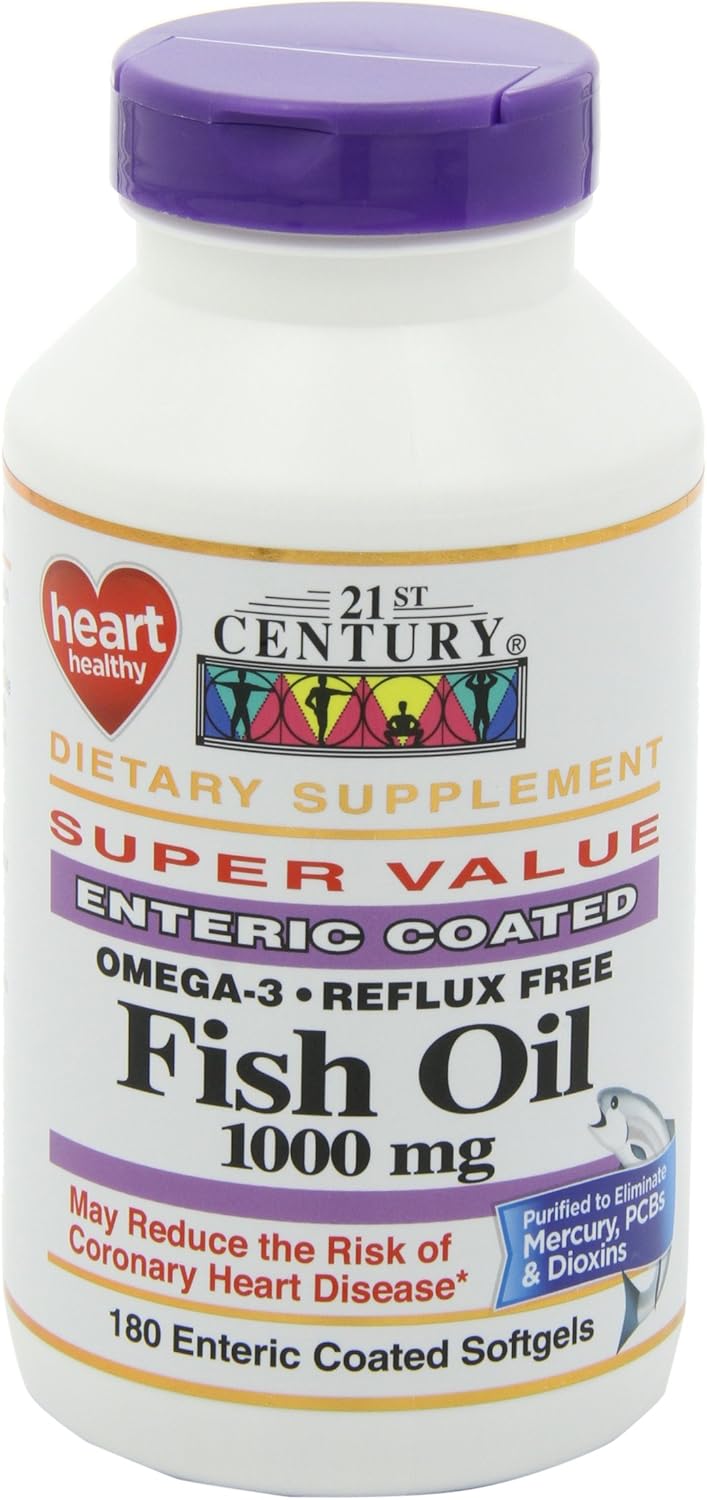 Enteric Coated Fish Oil Softgels 1000mg, 180-Count x 2 - 21st Century Formula