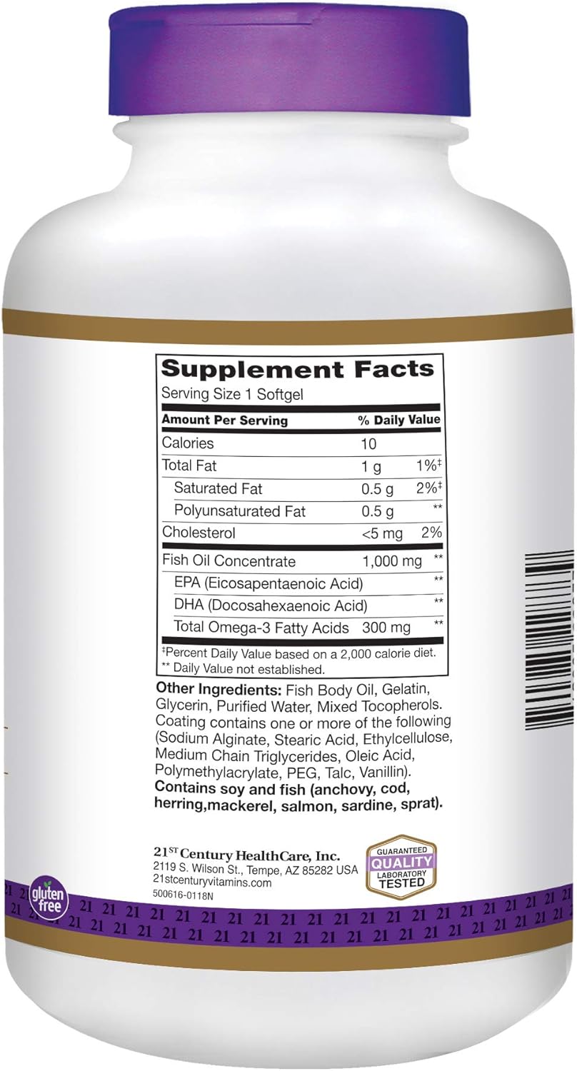 Enteric Coated Fish Oil Softgels 1000mg, 180-Count x 2 - 21st Century Formula