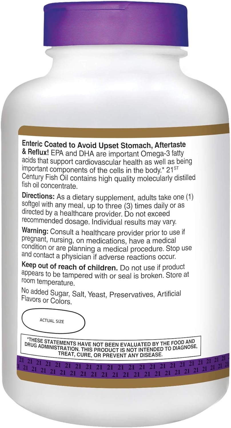 Enteric Coated Fish Oil Softgels 1000mg, 180-Count x 2 - 21st Century Formula