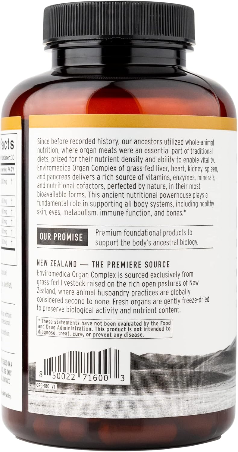 Enviromedica Grass-Fed Organ Complex: Freeze-Dried Beef Liver, Kidney, Heart, and Pancreas - 180 Capsules