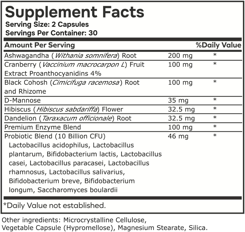 envitamin Women's Probiotic Balance Formula with Ashwagandha, Cranberry, Black Cohosh, D-Mannose, Hibiscus, & Dandelion - Microbiome Support