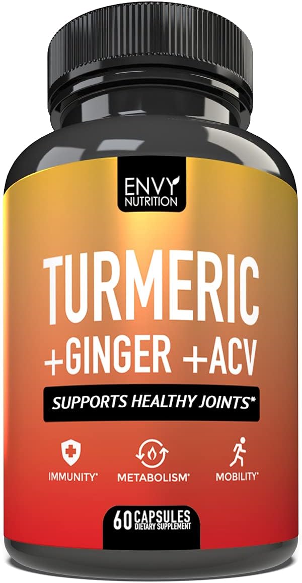 Envy Nutrition Turmeric & Ginger Capsules with Apple Cider Vinegar - Immunity & Metabolism Support - 95% Curcuminoids, Bioperine - 60 Count