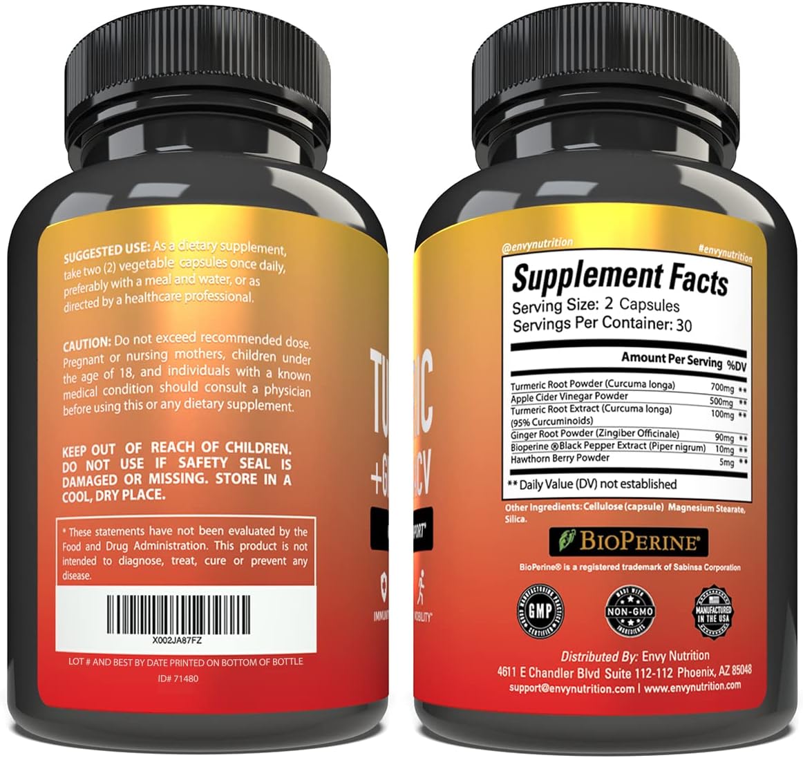 Envy Nutrition Turmeric & Ginger Capsules with Apple Cider Vinegar - Immunity & Metabolism Support - 95% Curcuminoids, Bioperine - 60 Count