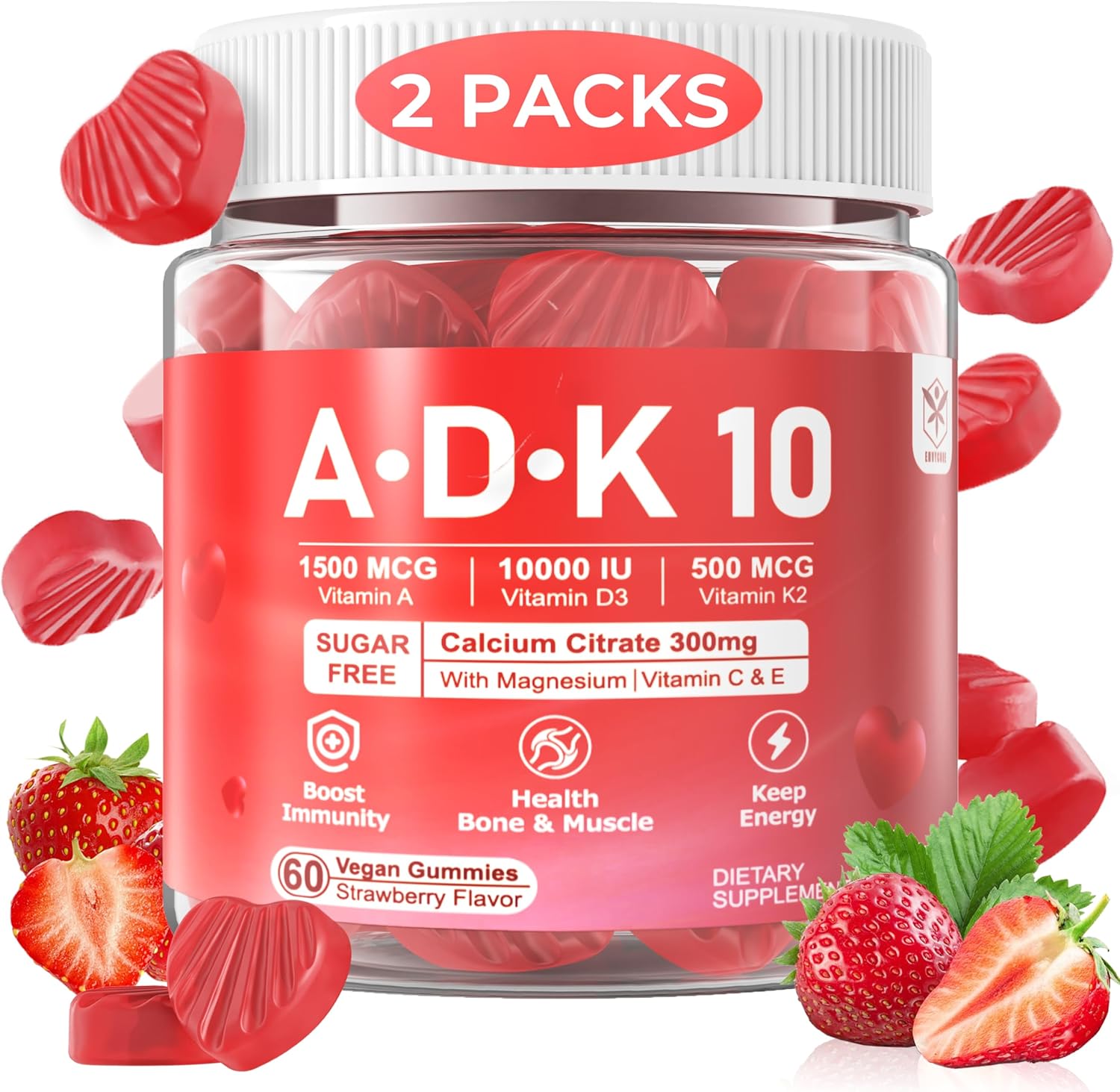 envycure ADK 10 Vitamin Supplement Gummies with Vitamin A D3 K2 10,000 IU, Calcium, Magnesium, and Zinc - 2 Pack
