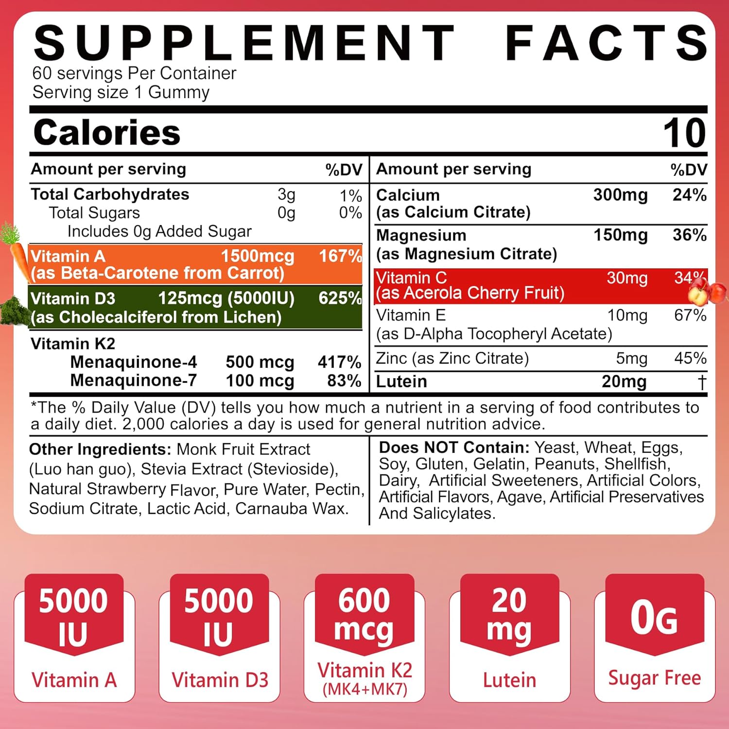 envycure ADK 10 Vitamin Supplement Gummies with Vitamin A D3 K2 10,000 IU, Calcium, Magnesium, and Zinc - 2 Pack