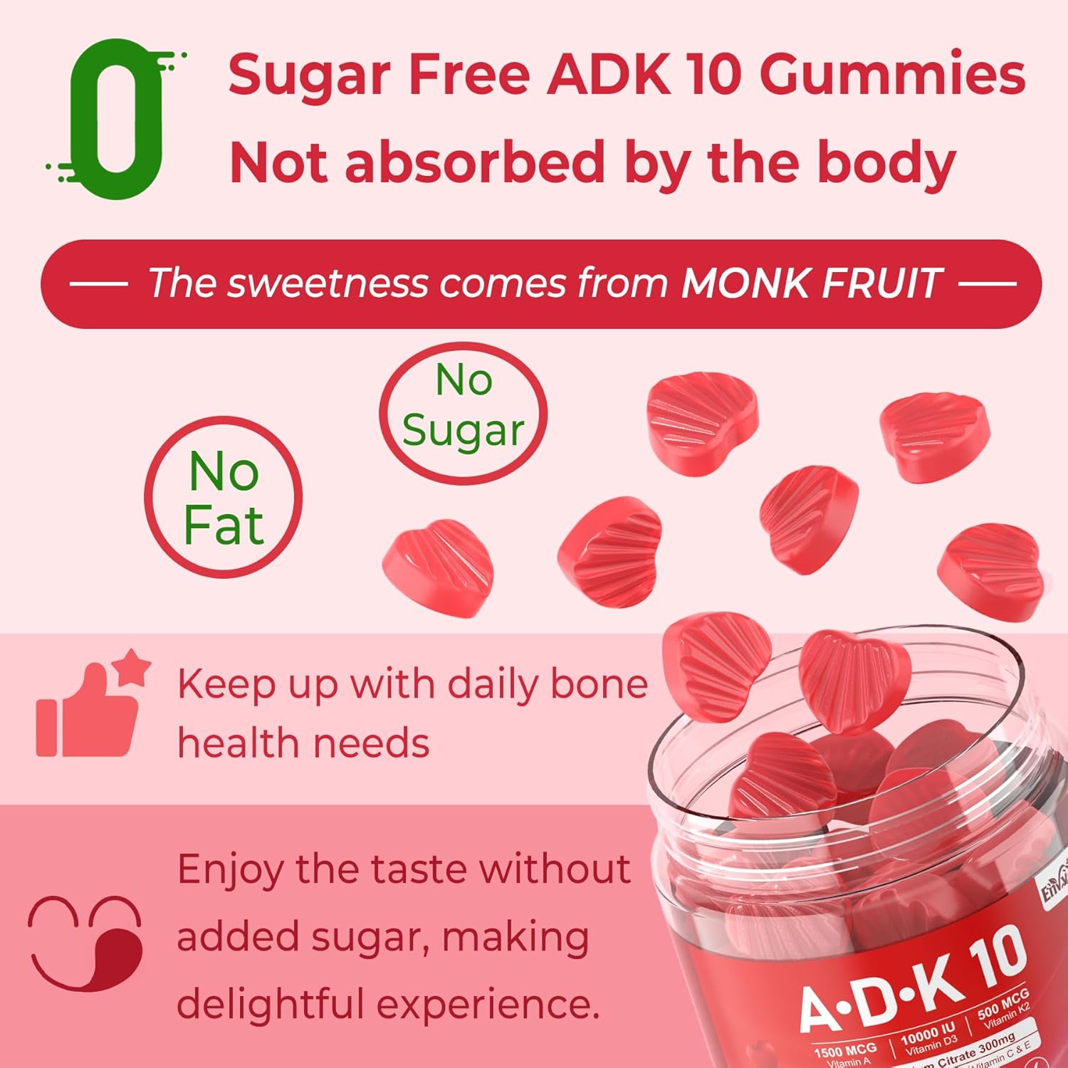 envycure ADK 10 Vitamin Supplement Gummies with Vitamin A D3 K2 10,000 IU, Calcium, Magnesium, and Zinc - 2 Pack