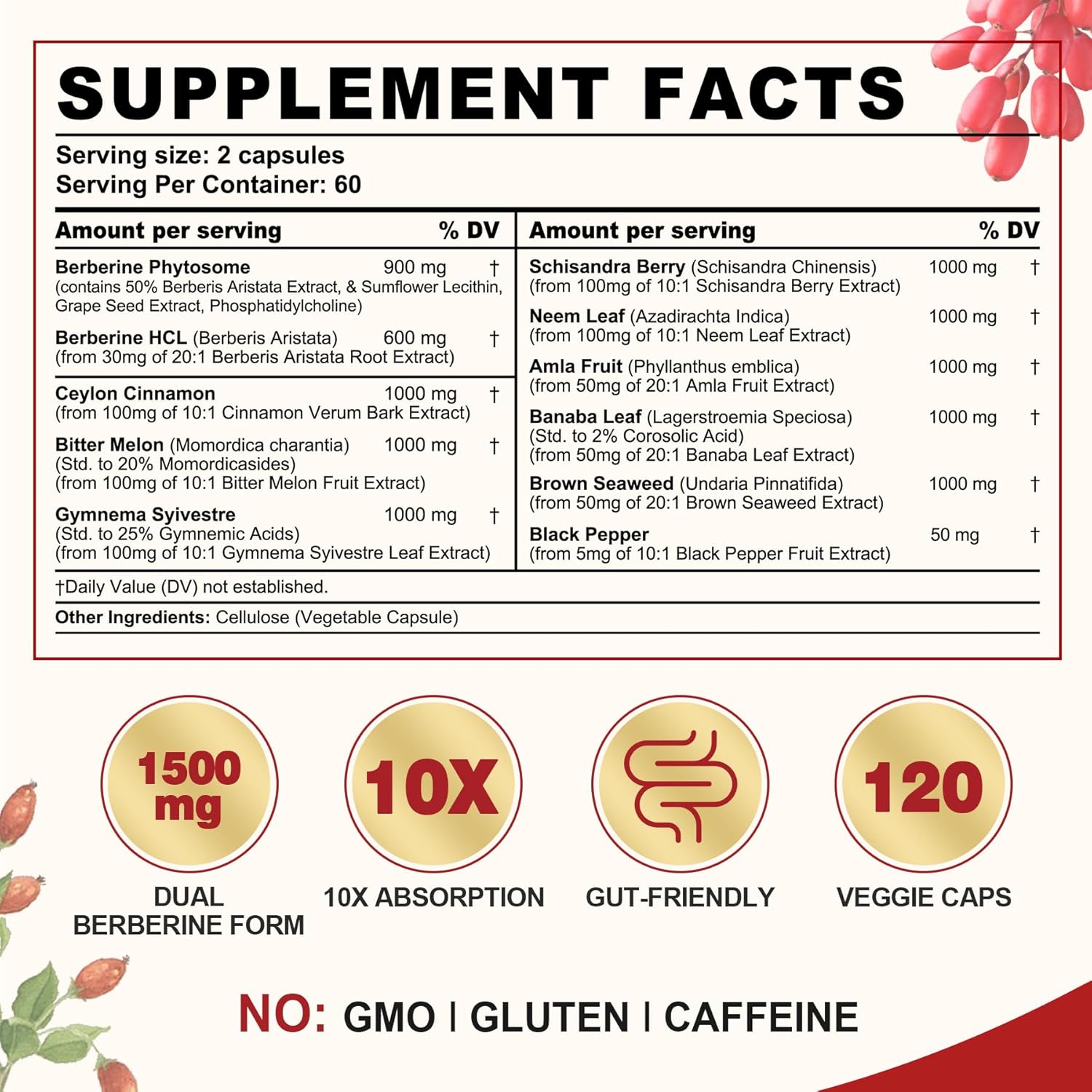 envycure Berberine 1500mg Supplement with Ceylon Cinnamon, Bitter Melon, Banana Leaf Extract - Immune Support & Body Management - 10-in-1 Formula - Non-GMO - 240 Veg Caps