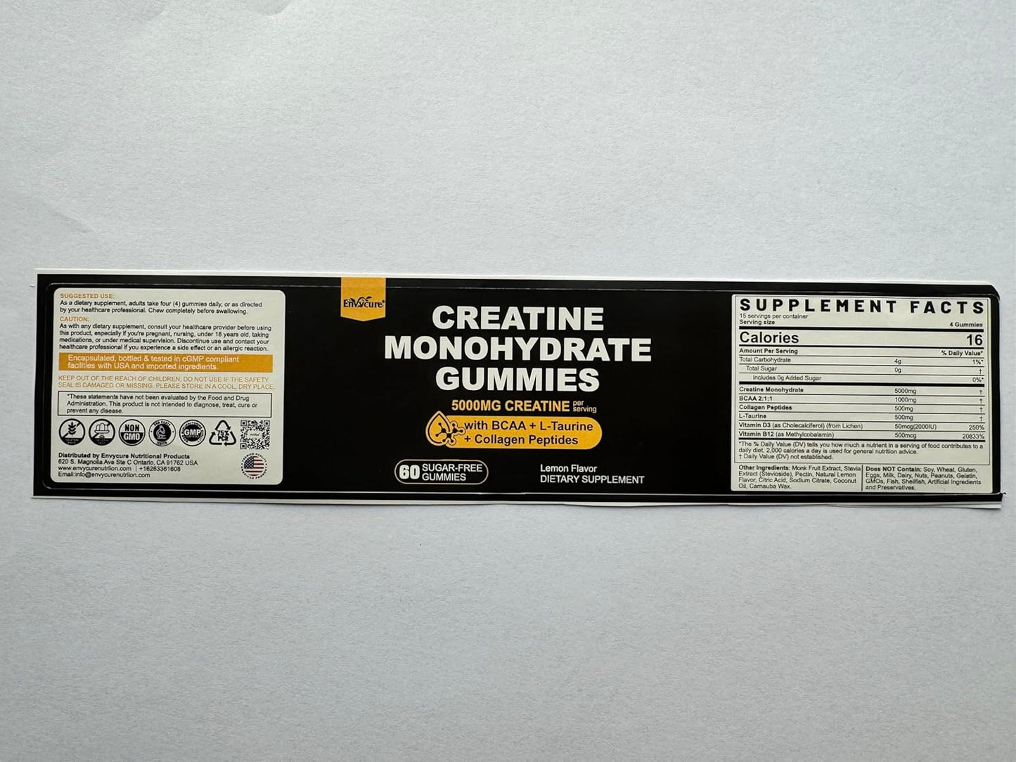 envycure Creatine Gummies with BCAA, Collagen, L-Taurine, Vitamin B12 & D3 - Natural Lemon Flavor, Sugar Free - 5g Creatine Per Serving - 30 Servings, 120 Count