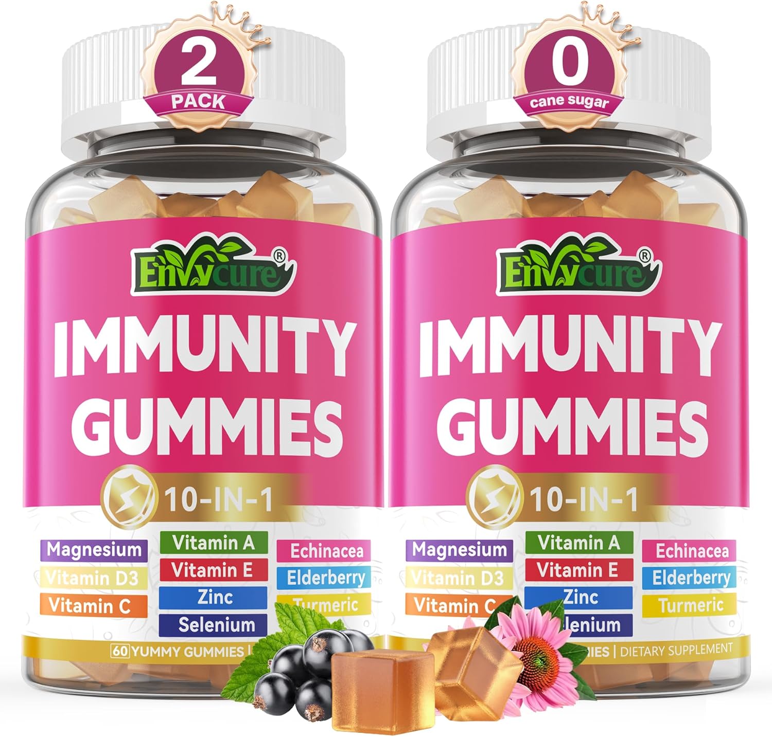 ENVYCURE Immune Boosting Multivitamin Gummies with Elderberry, Echinacea, Turmeric, Vitamin C, D3, E, Zinc, Selenium, Magnesium - 2 Pack, Supports Immune Health & Strong Bones