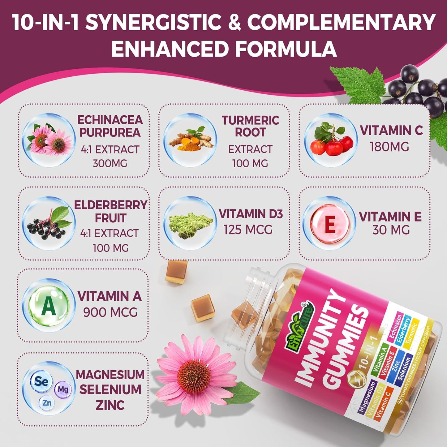 ENVYCURE Immune Boosting Multivitamin Gummies with Elderberry, Echinacea, Turmeric, Vitamin C, D3, E, Zinc, Selenium, Magnesium - 2 Pack, Supports Immune Health & Strong Bones