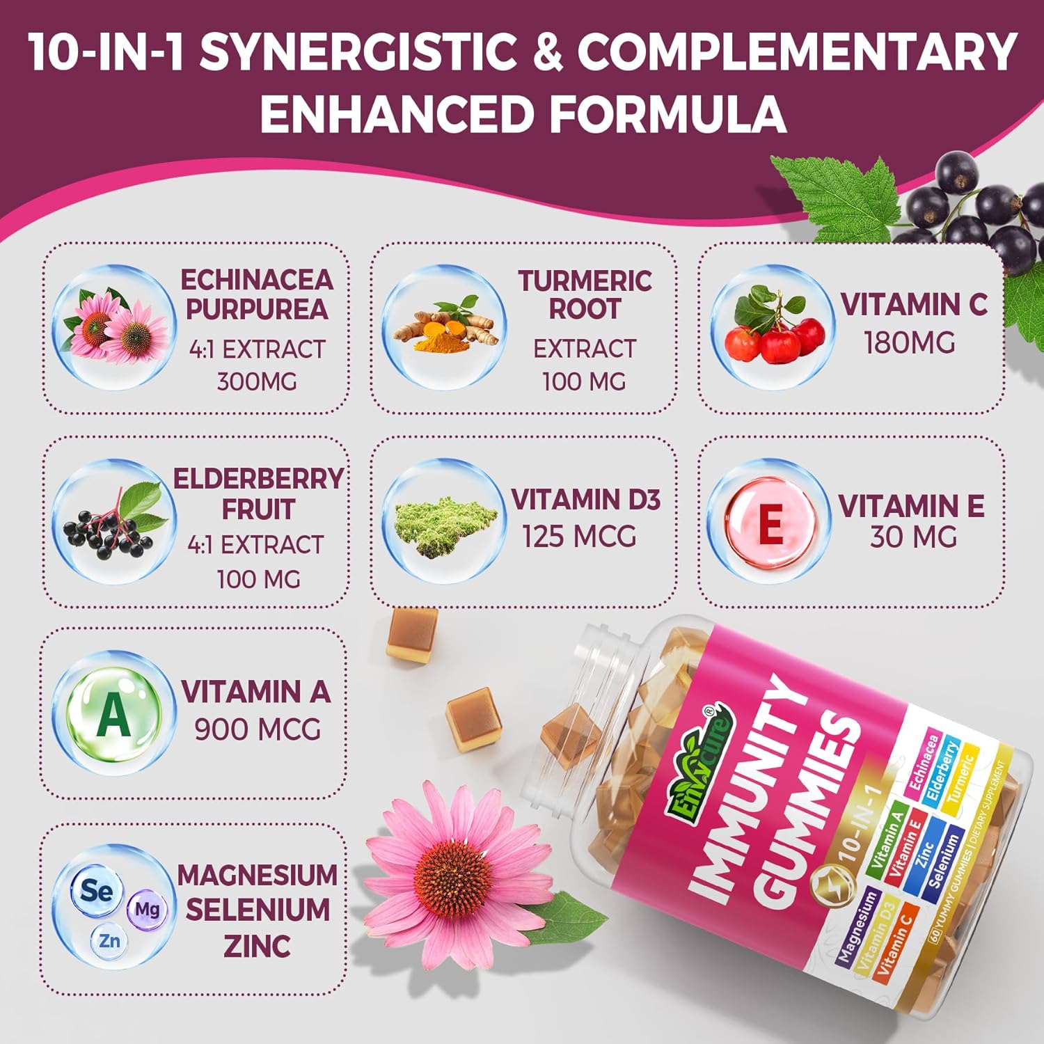 ENVYCURE Immune Boosting Multivitamin Gummies with Elderberry, Echinacea, Turmeric, Vitamin C, D3, E, Zinc, Selenium, Magnesium - 2 Pack, Supports Immune Health & Strong Bones