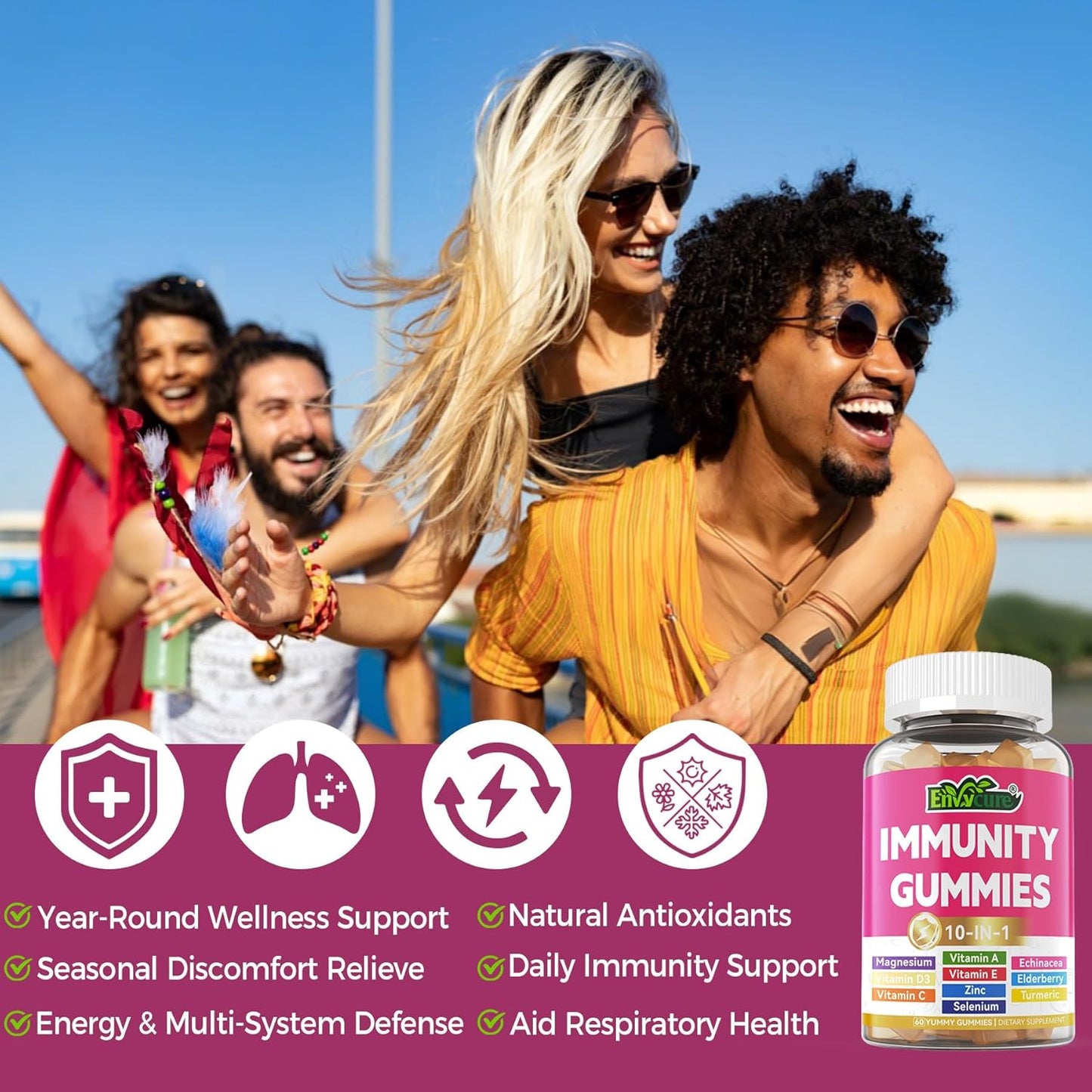 ENVYCURE Immune Boosting Multivitamin Gummies with Elderberry, Echinacea, Turmeric, Vitamin C, D3, E, Zinc, Selenium, Magnesium - 2 Pack, Supports Immune Health & Strong Bones
