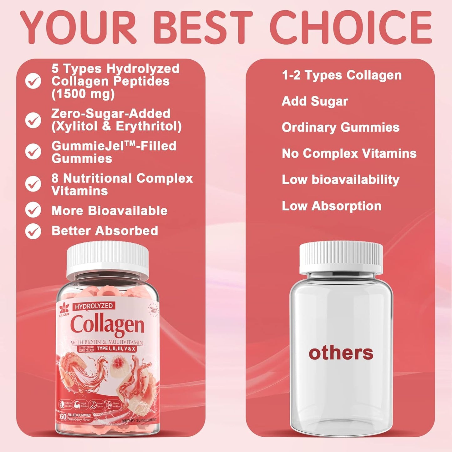 EnvyDeal Sugar-Free Collagen Peptide Gummies with 1500mg Protein & Essential Vitamins for Immune Health, Digestion, Skin, Hair, Nails, and Bones - 60 Count