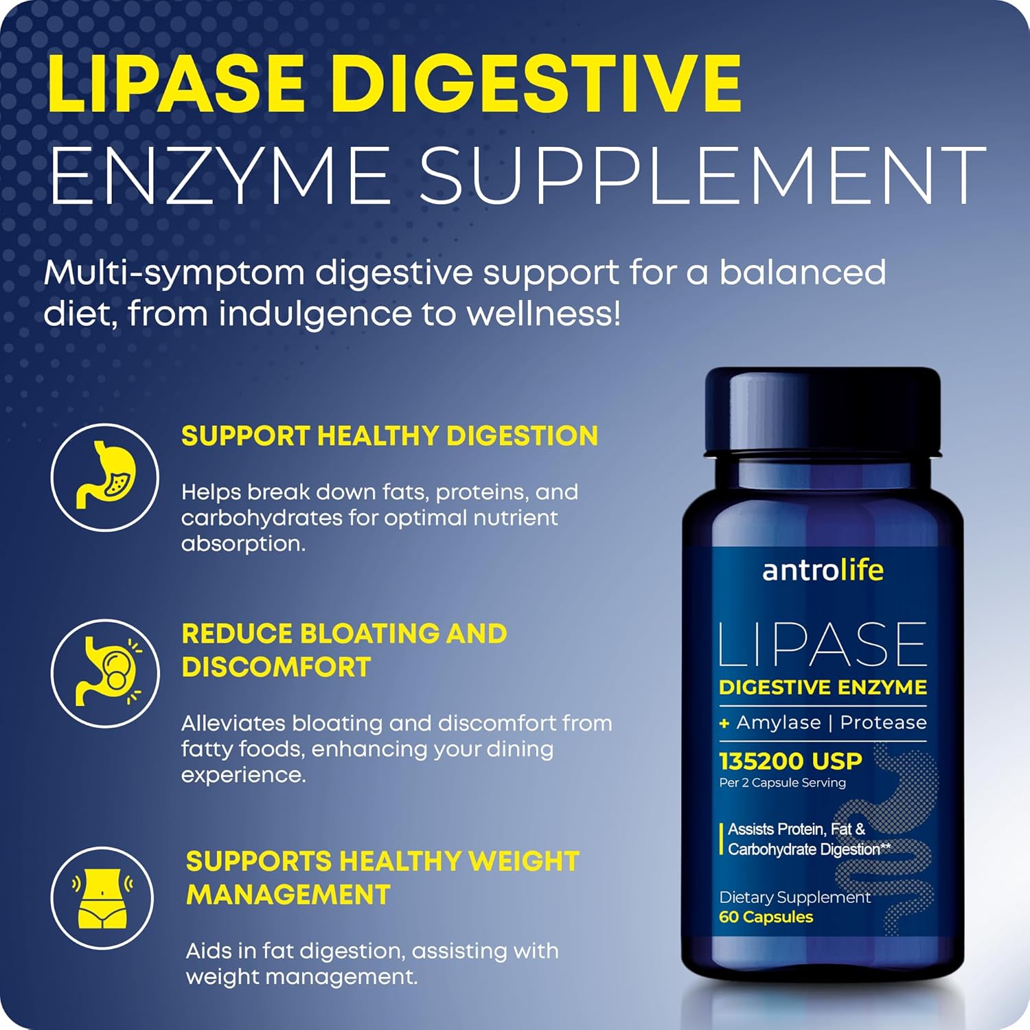 Enzyme-Rich Digestive Health Supplement with Lipase and Amylase - 59 Capsules - Dietary Nutritional Support for Digestive Comfort